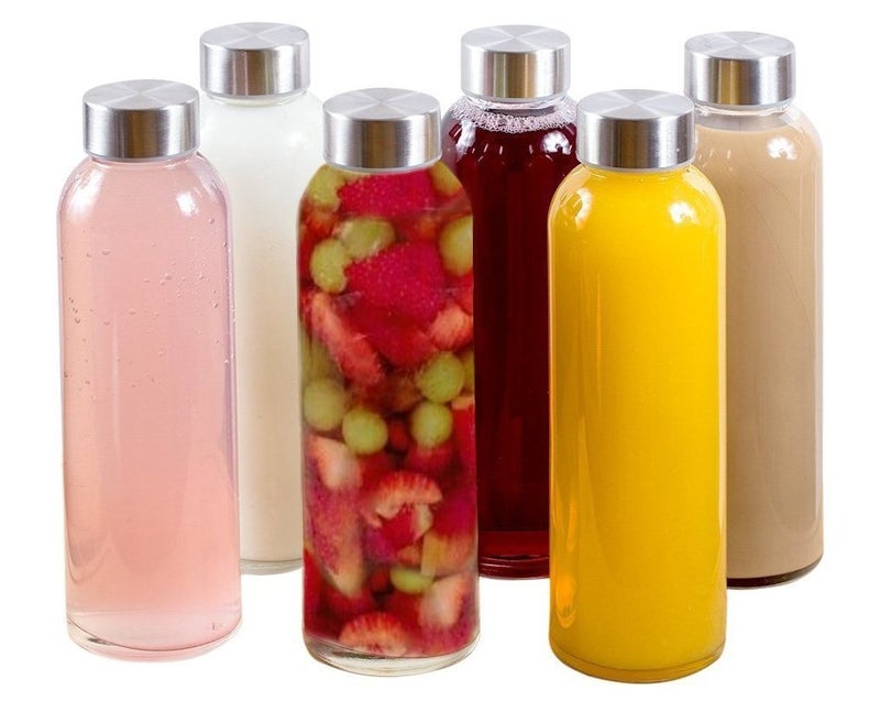 Brieftons Borosilicate Glass Water Bottles With Caps: Clear 6 Pack 18 Oz Heat Resistant Slim Easy To Store Leakproof Lids Best As Reusable Drinking Bottle Sauce Jar Juice Beverage Container - Image 1