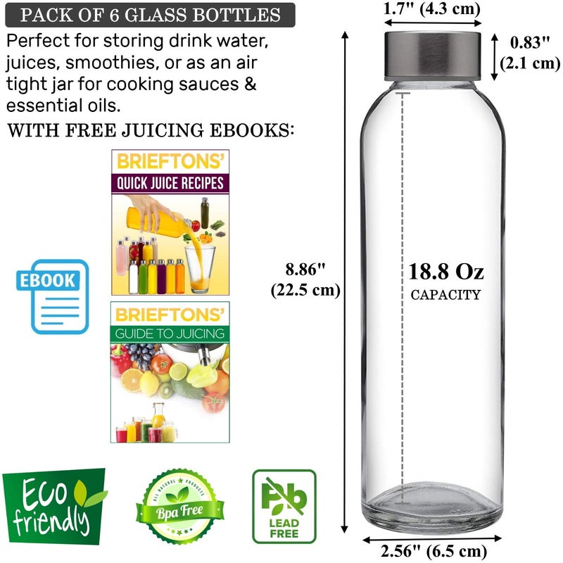 Brieftons Borosilicate Glass Water Bottles With Caps: Clear 6 Pack 18 Oz Heat Resistant Slim Easy To Store Leakproof Lids Best As Reusable Drinking Bottle Sauce Jar Juice Beverage Container - Image 2