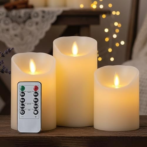 LTETTES Set of 3 Led Real Wax Candles | Battery Powered | Remote Controller | Flameless Moving Wick | Size: 3" Dia X 4",5",6" Height | Pillar Candles for Home Decor, Unscented - Image 1