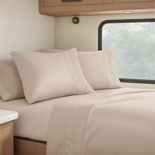 Clara Clark RV Queen Sheets, 6 Piece RV Sheets Set - Hotel Luxury Sheets for RV Bunks, Super Soft Bedding Set, Short Queen,Beige Cream - Image 1