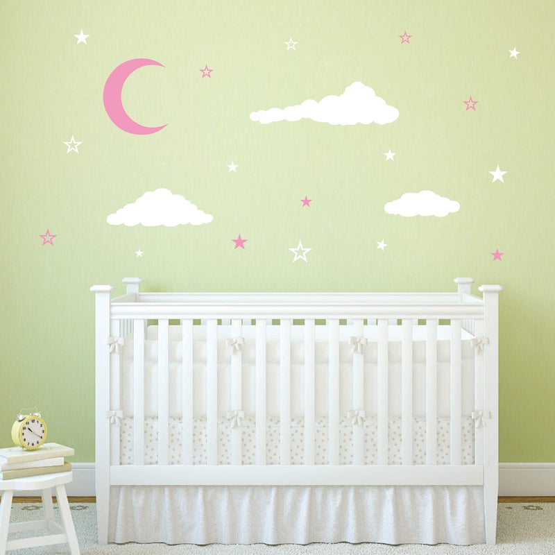 GESTYZ Moon & Stars Wall Decals, Kids Nursery Decoration, Vinyl Stickers for Baby's Room Y08 (White, Pink) - Image 3