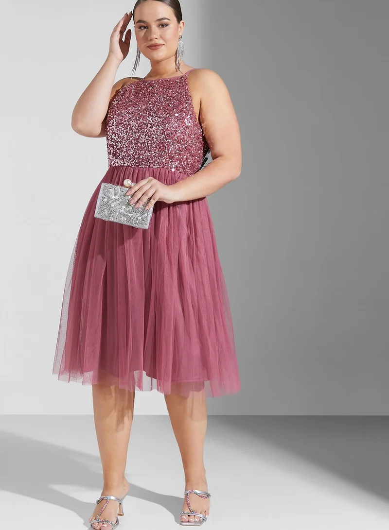 Maya Plus Halter Neck Tulle Sequin Detail Dress