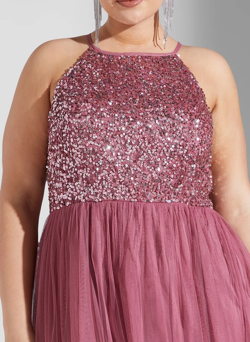Maya Plus Halter Neck Tulle Sequin Detail Dress