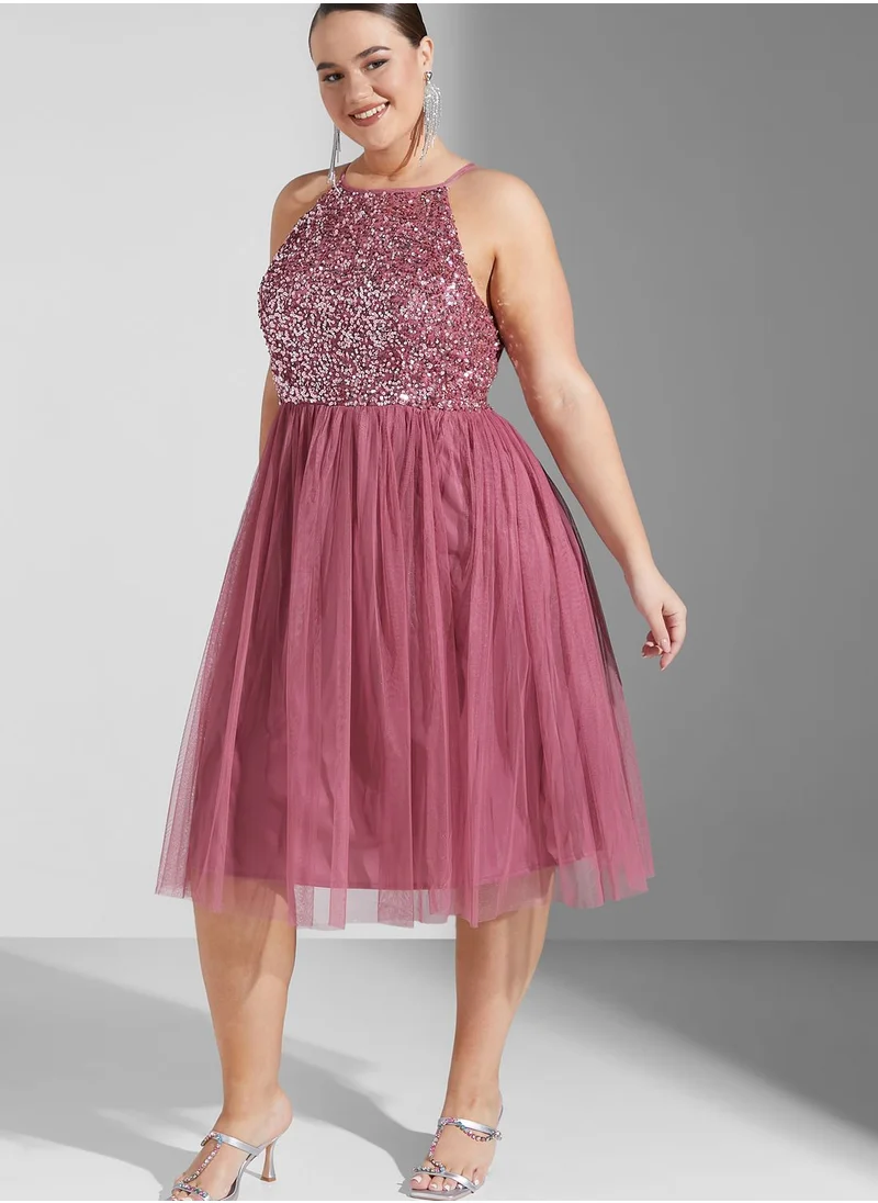 Maya Plus Halter Neck Tulle Sequin Detail Dress