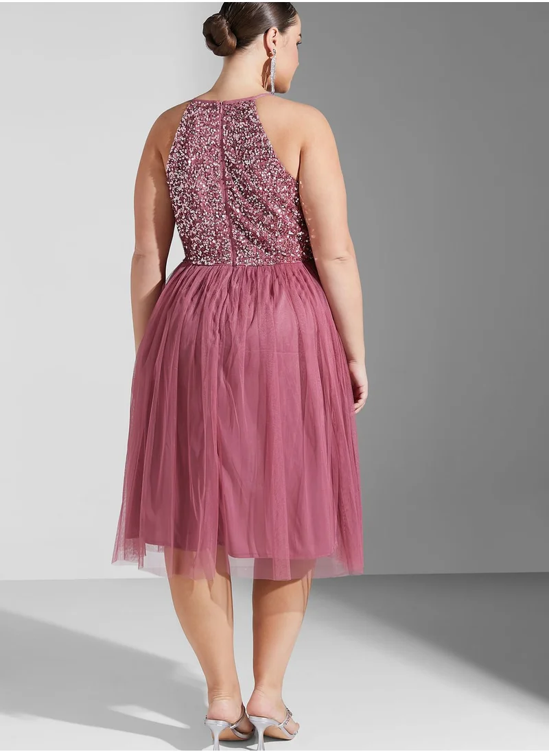 Maya Plus Halter Neck Tulle Sequin Detail Dress