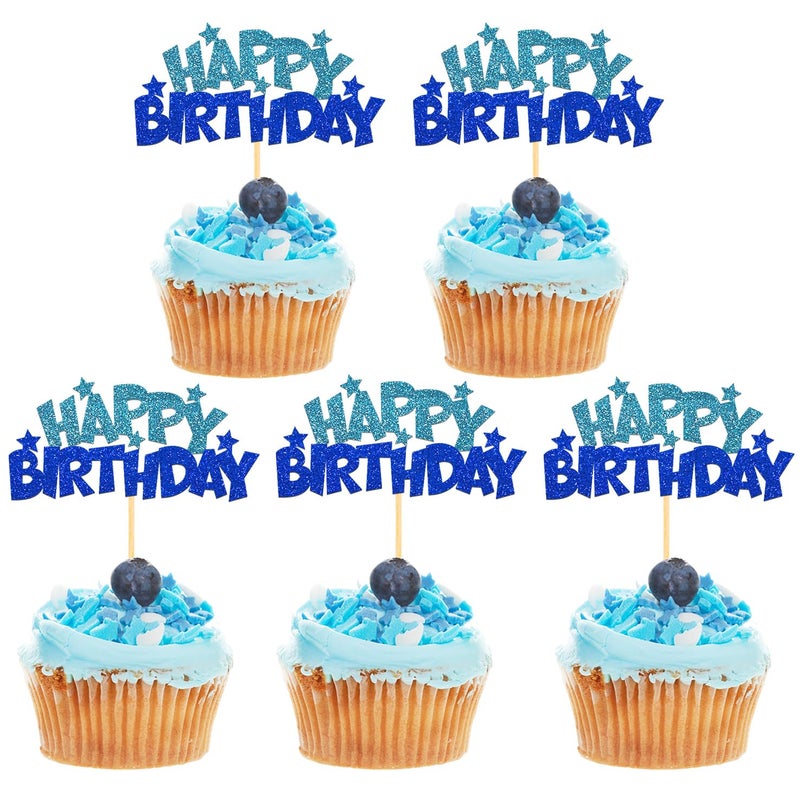 Moitkptt 24pcs Happy Birthday Cupcake Toppers  Happy Birthday Cake Decorations for Birthday for Celebrating Happy Birthday Party (Blue) - Image 1