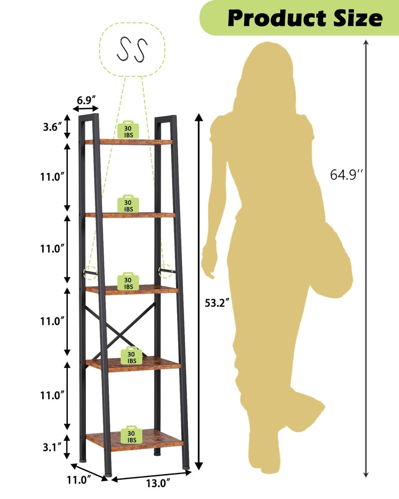 Furologee 5 Tier Ladder Shelf Bookcase, Tall Narrow Bookshelf with 2 Hooks, Rustic Brown Bathroom Corner Book Shelf, Metal Wood Book Case Standing Unit, Display Shelf for Living Room Office Kitchen - Image 3