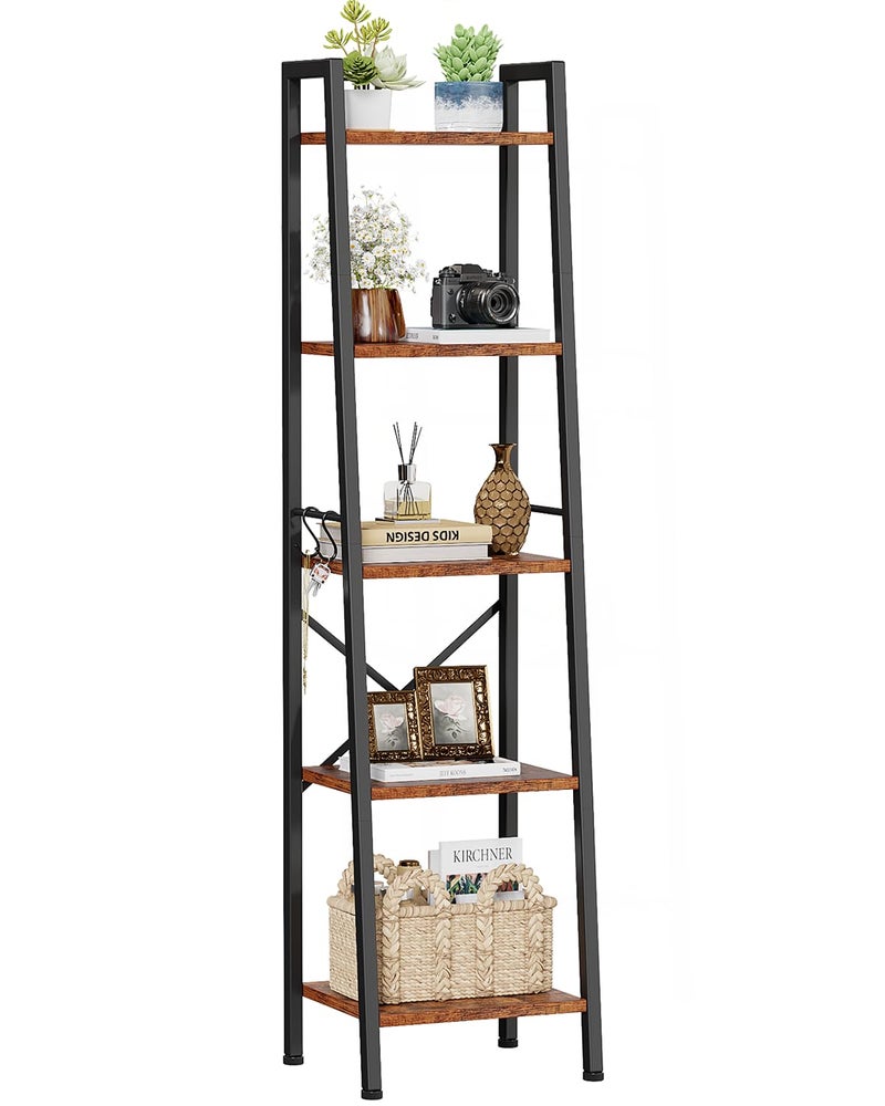 Furologee 5 Tier Ladder Shelf Bookcase, Tall Narrow Bookshelf with 2 Hooks, Rustic Brown Bathroom Corner Book Shelf, Metal Wood Book Case Standing Unit, Display Shelf for Living Room Office Kitchen - Image 1