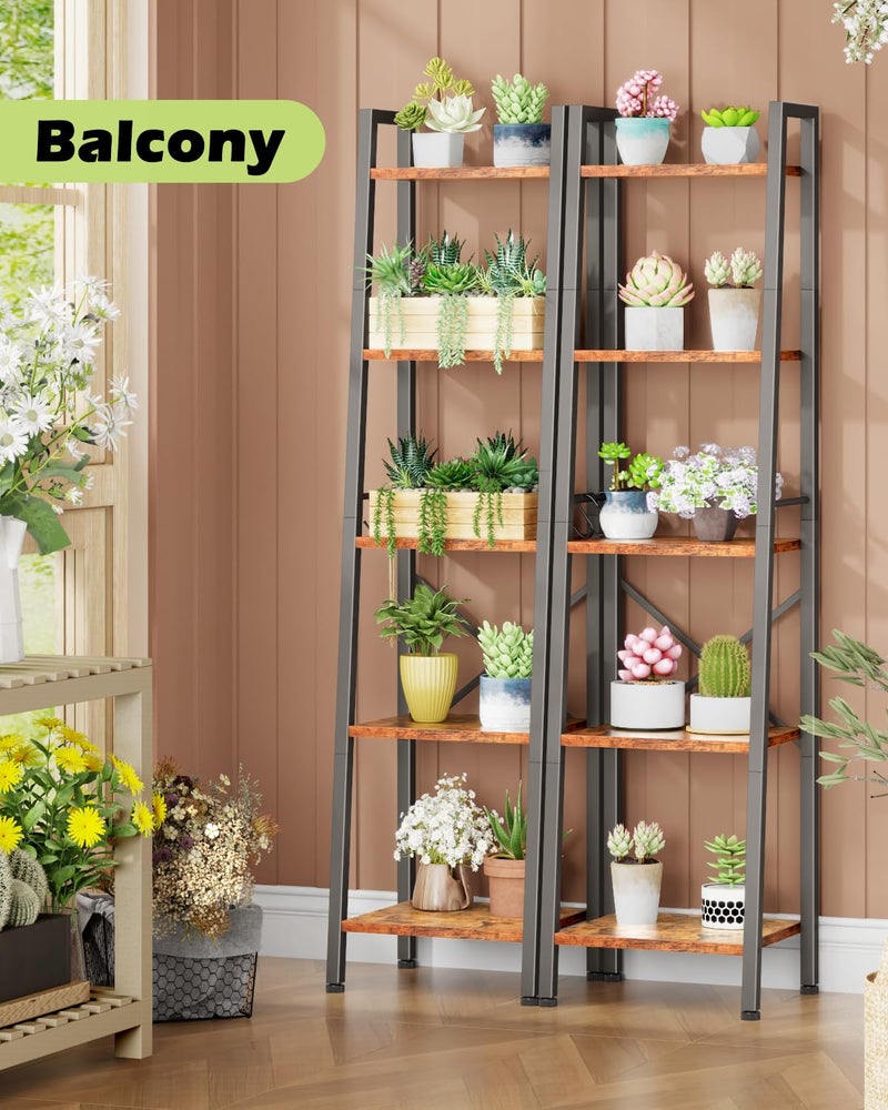 Furologee 5 Tier Ladder Shelf Bookcase, Tall Narrow Bookshelf with 2 Hooks, Rustic Brown Bathroom Corner Book Shelf, Metal Wood Book Case Standing Unit, Display Shelf for Living Room Office Kitchen - Image 2