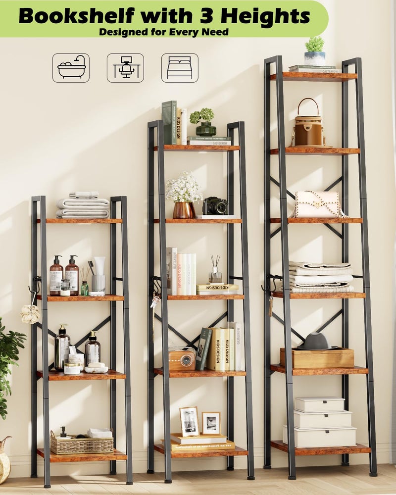 Furologee 5 Tier Ladder Shelf Bookcase, Tall Narrow Bookshelf with 2 Hooks, Rustic Brown Bathroom Corner Book Shelf, Metal Wood Book Case Standing Unit, Display Shelf for Living Room Office Kitchen - Image 4