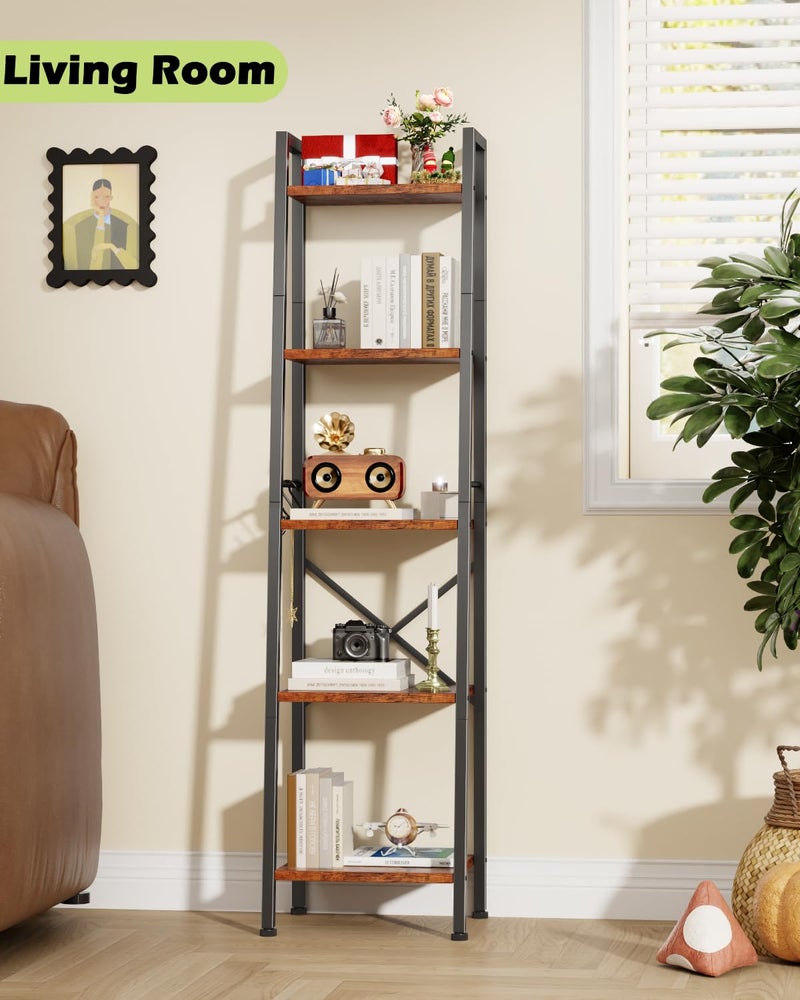 Furologee 5 Tier Ladder Shelf Bookcase, Tall Narrow Bookshelf with 2 Hooks, Rustic Brown Bathroom Corner Book Shelf, Metal Wood Book Case Standing Unit, Display Shelf for Living Room Office Kitchen - Image 5