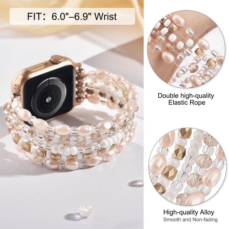 VISOOM Beaded Boho Bracelet For Apple Watch 10/11 Se(3rd Gen) Bands Women 42mm 41mm 40mm 38mm, Pearl Wrap For Cute Stretchy Fancy Apple iWatch iPhone Series11 10 Se 9 8 7 6 5 4 3 2 1 Watch Straps Band - Image 3