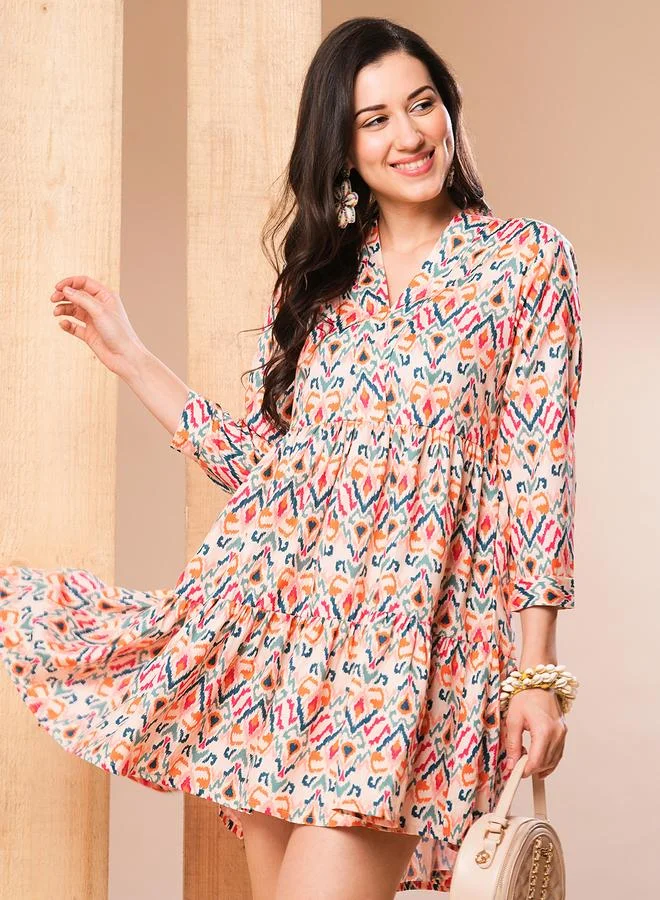 globus Globus Women All-Over Ikat Print V Neck A-Line Mini Dress