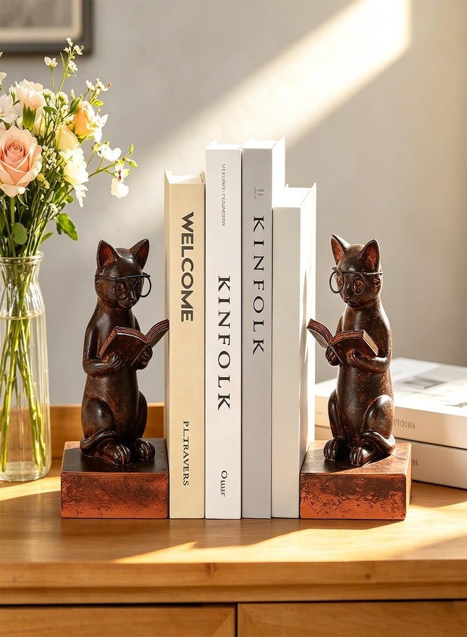 TICKCACY Cat Decorative Bookends, Set of 2 Heavy Duty Book Ends for Heavy Books, Vintage Cat Meditation Book Stopper for Shelves, Home Office Deck Shelf Library - Image 2