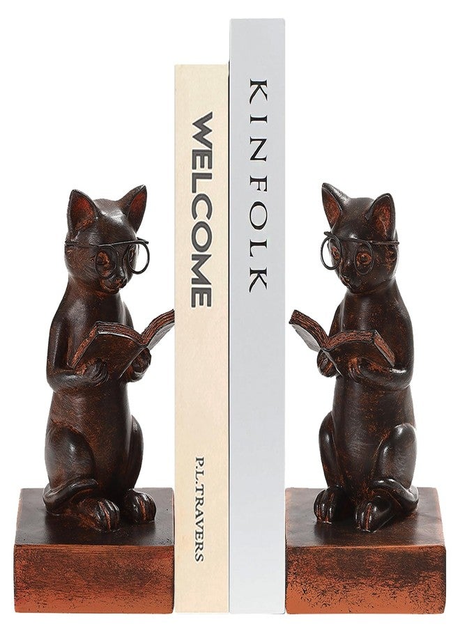 TICKCACY Cat Decorative Bookends, Set of 2 Heavy Duty Book Ends for Heavy Books, Vintage Cat Meditation Book Stopper for Shelves, Home Office Deck Shelf Library - Image 1