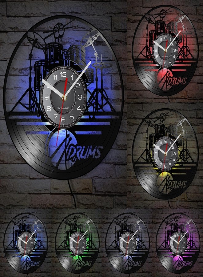 Timethink 12'' Drum Set Clock with 7 Luminous Modes, Drummer Wall Clock Silent Non Ticking Musical Instrument Wall Watch Drums Clock Drummer Gifts for Men Music Room Studio Rock N Roll Decorations - Image 2