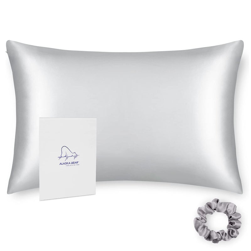 ALASKA BEAR 100 Pure Mulberry Silk Pillowcase for Curly Hair Wife Women Mother Her Grandma Pillow Slip Machine Washable King 1pc Silver