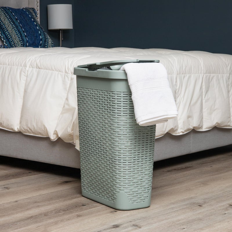 Mind Reader Slim Laundry Hamper with Lid, 40L Clothes Basket, Premium Wicker Design, Plastic, Mint - Image 2
