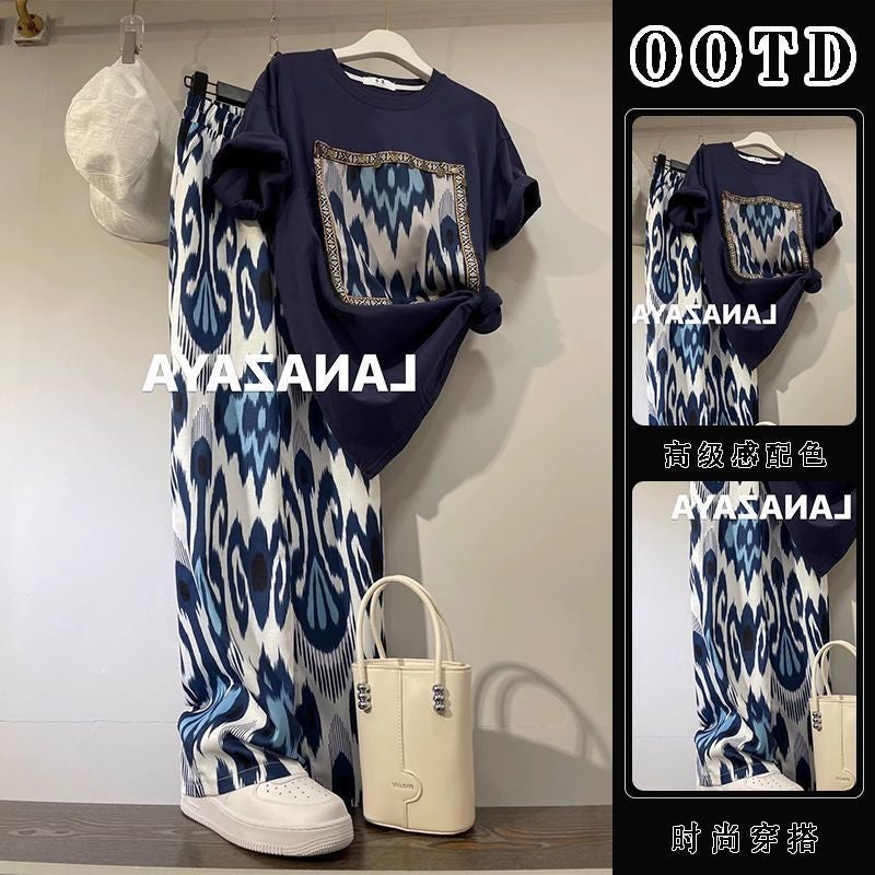 Single piece/Western style fried street wear summer womens clothing 2023 New Hepburn style high-grade top fashion wide-leg pants fashion Blue printed pants one-piece