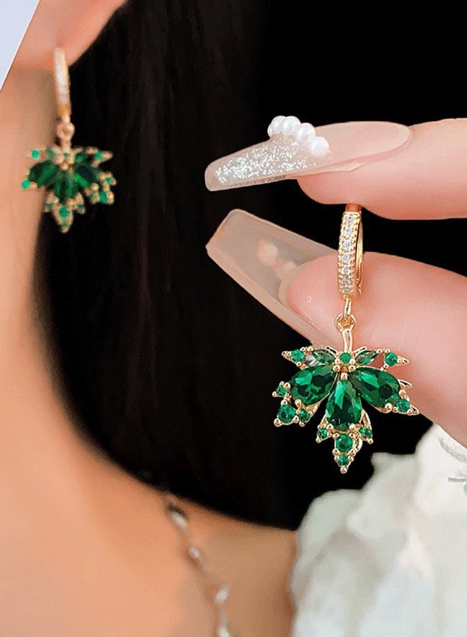 Elegant Gold-Tone Alloy Leaf Drop Earrings for Ladies with Green Zircon & Clear Zircon Accents - Image 1