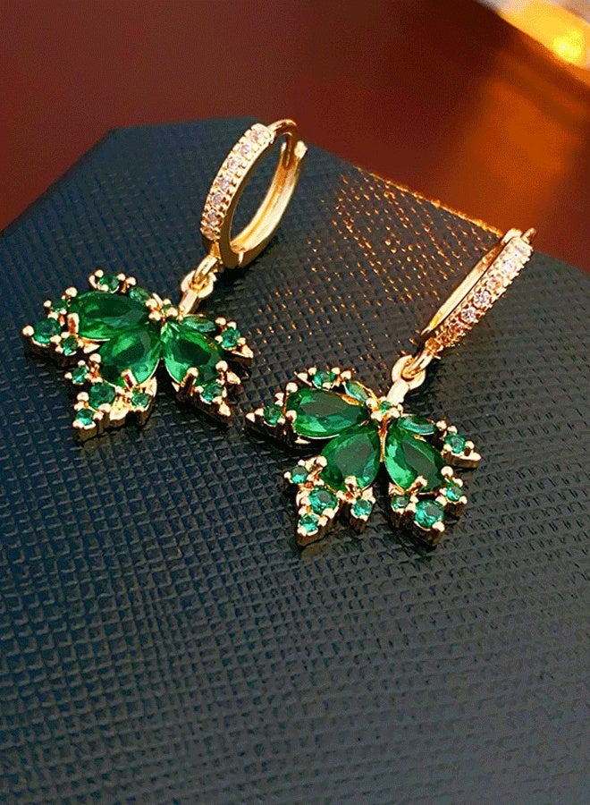 Elegant Gold-Tone Alloy Leaf Drop Earrings for Ladies with Green Zircon & Clear Zircon Accents - Image 2