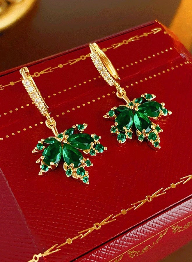 Elegant Gold-Tone Alloy Leaf Drop Earrings for Ladies with Green Zircon & Clear Zircon Accents - Image 5