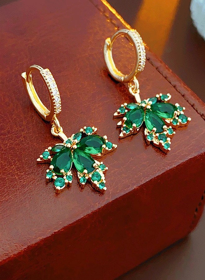 Elegant Gold-Tone Alloy Leaf Drop Earrings for Ladies with Green Zircon & Clear Zircon Accents - Image 3