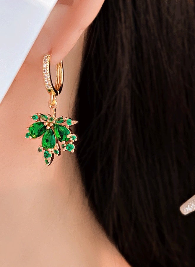 Elegant Gold-Tone Alloy Leaf Drop Earrings for Ladies with Green Zircon & Clear Zircon Accents - Image 4