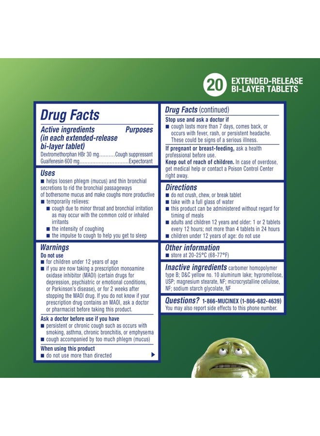 MUCINEX DM 12Hr Chest Congestion & Cough Medicine For Adults, Cold And Cough Medicine for Excess Mucus Relief, 600 mg Guaifenesin & 30 mg Dextromethorphan HBr, 20 Bi-Layer Tablets - Image 2
