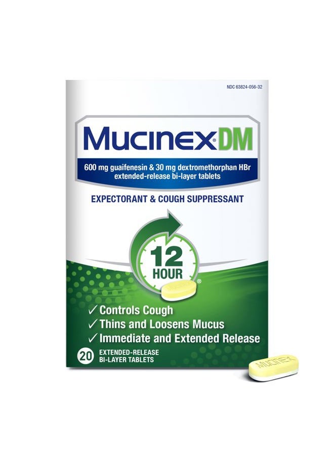MUCINEX DM 12Hr Chest Congestion & Cough Medicine For Adults, Cold And Cough Medicine for Excess Mucus Relief, 600 mg Guaifenesin & 30 mg Dextromethorphan HBr, 20 Bi-Layer Tablets - Image 1