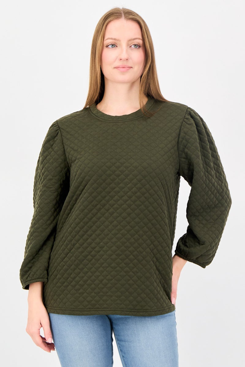 Fire & Glory Women Crew Neck Quilted Sweater, Dark Olive - Image 1