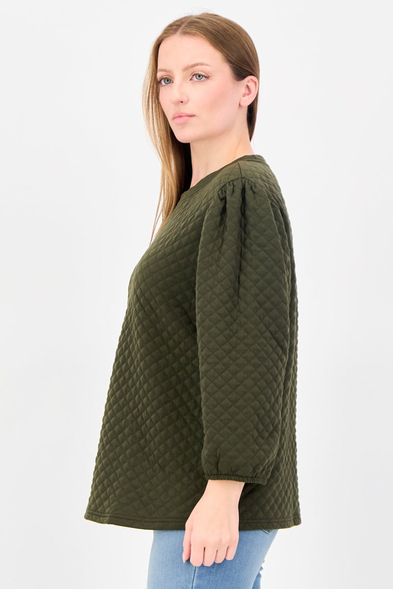 Fire & Glory Women Crew Neck Quilted Sweater, Dark Olive - Image 2