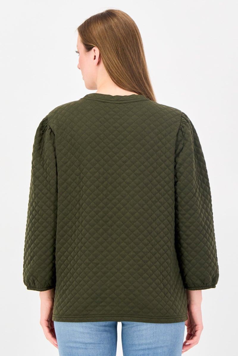 Fire & Glory Women Crew Neck Quilted Sweater, Dark Olive - Image 3