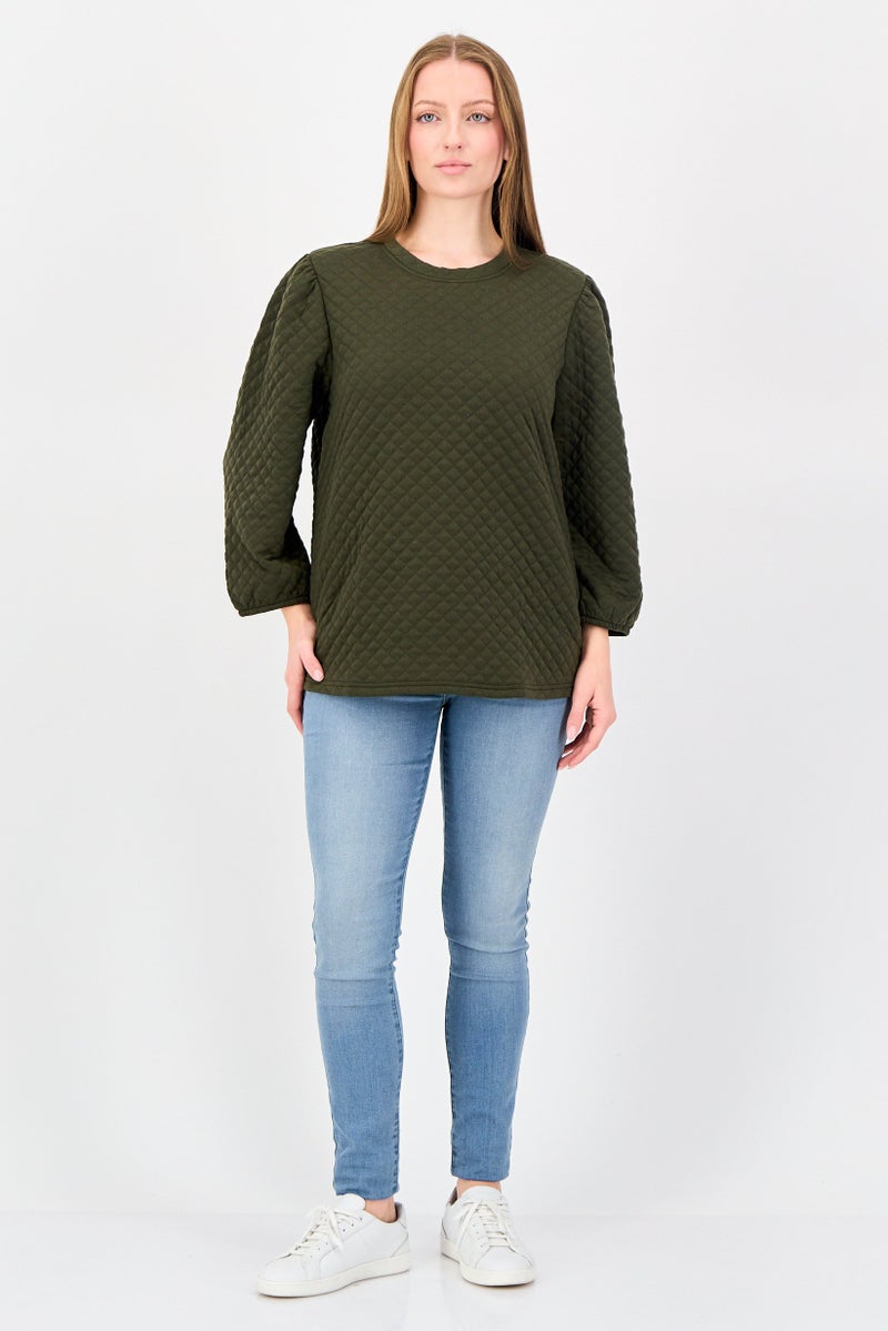Fire & Glory Women Crew Neck Quilted Sweater, Dark Olive - Image 4