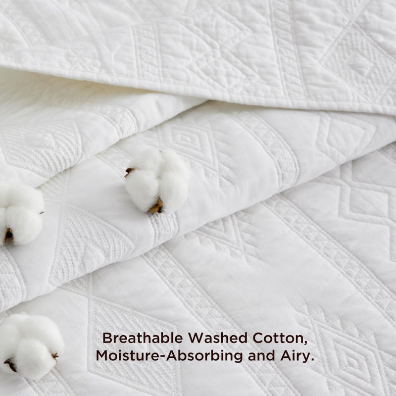 Bedsure 100% Cotton Quilt Set - Queen Size Bedspread, Lightweight Soft Bed Coverlet, 3-Piece Cozy Stitching Quilt Set with 2 Pillow Shams in Geometric Pattern, Gift for Grandma, 90x96 inches, White - Image 3