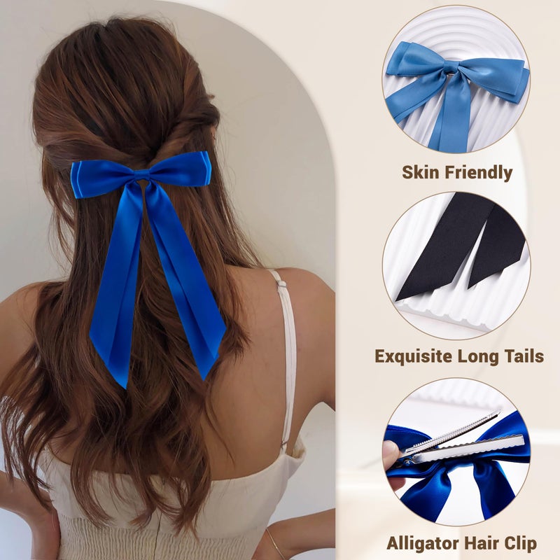 hisial 6Pcs Hair Bows Clips for Hair Silky Satin Ribbon Alligator Barrettes French Hair Ponytail Holders Cute Accessories for Women Girls(Black/White/Blue) - Image 3