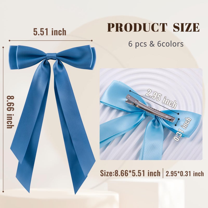 hisial 6Pcs Hair Bows Clips for Hair Silky Satin Ribbon Alligator Barrettes French Hair Ponytail Holders Cute Accessories for Women Girls(Black/White/Blue) - Image 2
