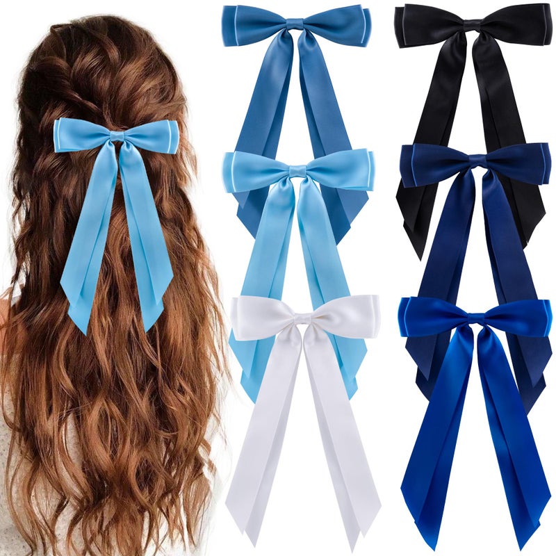 hisial 6Pcs Hair Bows Clips for Hair Silky Satin Ribbon Alligator Barrettes French Hair Ponytail Holders Cute Accessories for Women Girls(Black/White/Blue) - Image 1