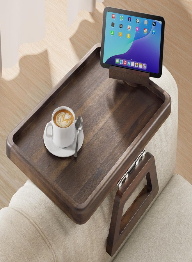Tinamo Acacia Sofa Arm Tray, Couch Armrest Table with 360° Phone Holder - Armchair Caddy, 2-in-1 Couch Holder Tray - Sofa Arm Table for Home Living Room - No Assembly Required (Walnut Color) - Image 1