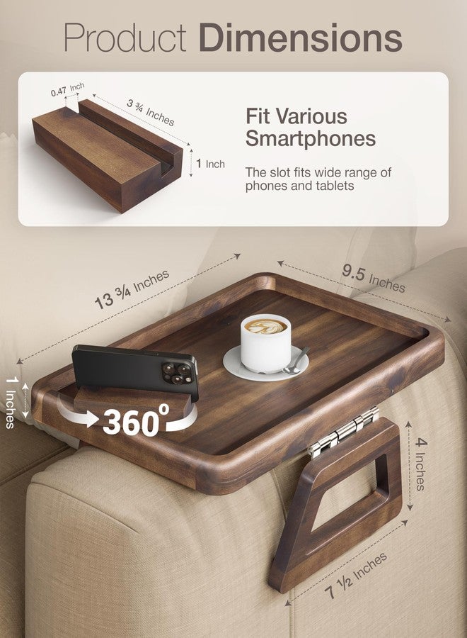 Tinamo Acacia Sofa Arm Tray, Couch Armrest Table with 360° Phone Holder - Armchair Caddy, 2-in-1 Couch Holder Tray - Sofa Arm Table for Home Living Room - No Assembly Required (Walnut Color) - Image 2