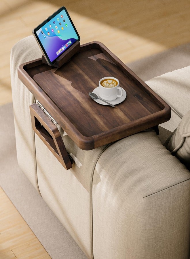 Tinamo Acacia Sofa Arm Tray, Couch Armrest Table with 360° Phone Holder - Armchair Caddy, 2-in-1 Couch Holder Tray - Sofa Arm Table for Home Living Room - No Assembly Required (Walnut Color) - Image 5