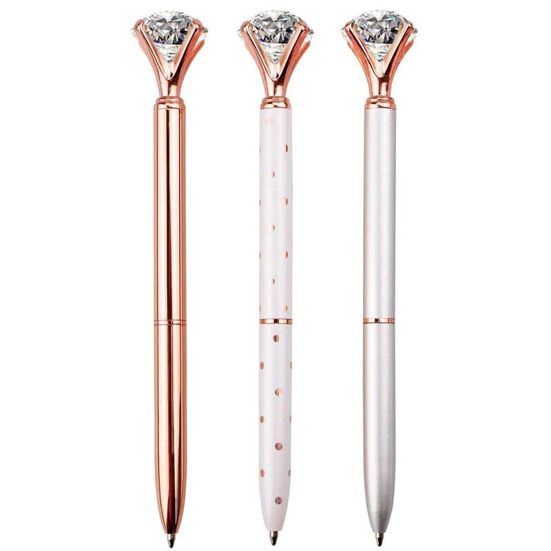 LONGKEY 3 PCS Ballpoint Pens Large Crystal Diamond Pen Bling Metal Office and School, Silver/White Rose Polka Dot/Rose Gold, Includ 3 Pen Refills - Image 1