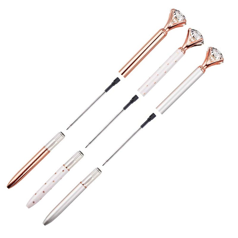 LONGKEY 3 PCS Ballpoint Pens Large Crystal Diamond Pen Bling Metal Office and School, Silver/White Rose Polka Dot/Rose Gold, Includ 3 Pen Refills - Image 4