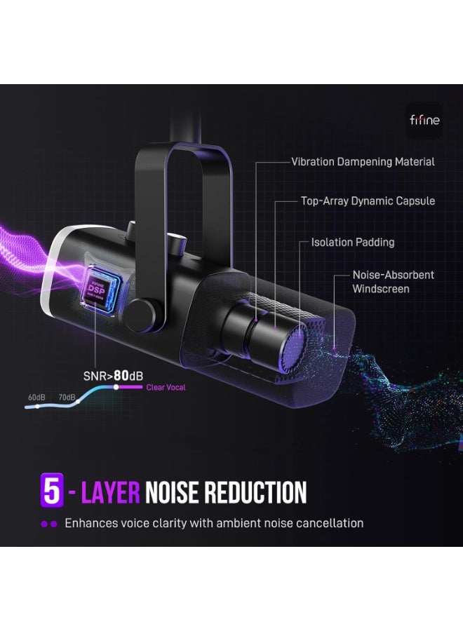 FIFINE XLR/USB Gaming Microphone Set, Dynamic PC Mic for Streaming Podcasting, Computer RGB Mic Kit with Boom Arm Stand, Mute Button, Headphones Jack, for Recording Vocal Voice-Over-AmpliGame AM8T - Image 2