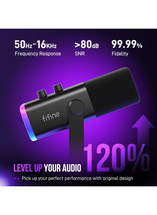 FIFINE XLR/USB Gaming Microphone Set, Dynamic PC Mic for Streaming Podcasting, Computer RGB Mic Kit with Boom Arm Stand, Mute Button, Headphones Jack, for Recording Vocal Voice-Over-AmpliGame AM8T - Image 4