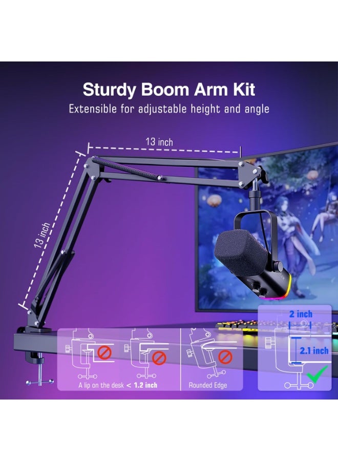 FIFINE XLR/USB Gaming Microphone Set, Dynamic PC Mic for Streaming Podcasting, Computer RGB Mic Kit with Boom Arm Stand, Mute Button, Headphones Jack, for Recording Vocal Voice-Over-AmpliGame AM8T - Image 5