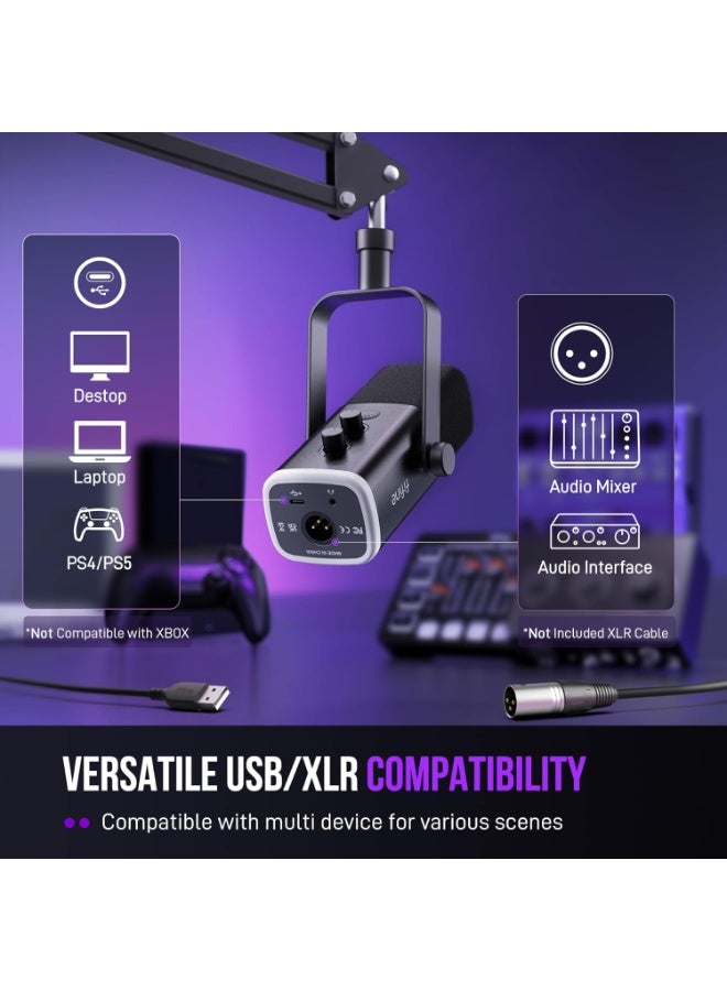 FIFINE XLR/USB Gaming Microphone Set, Dynamic PC Mic for Streaming Podcasting, Computer RGB Mic Kit with Boom Arm Stand, Mute Button, Headphones Jack, for Recording Vocal Voice-Over-AmpliGame AM8T - Image 3