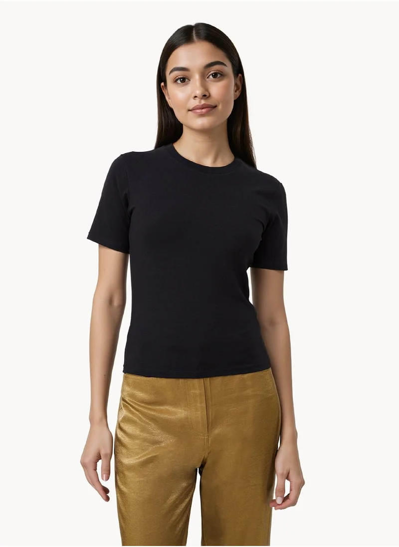 فرنش كونكشن Plain/Basic Regular Cotton Blend Crew Neck T-Shirt