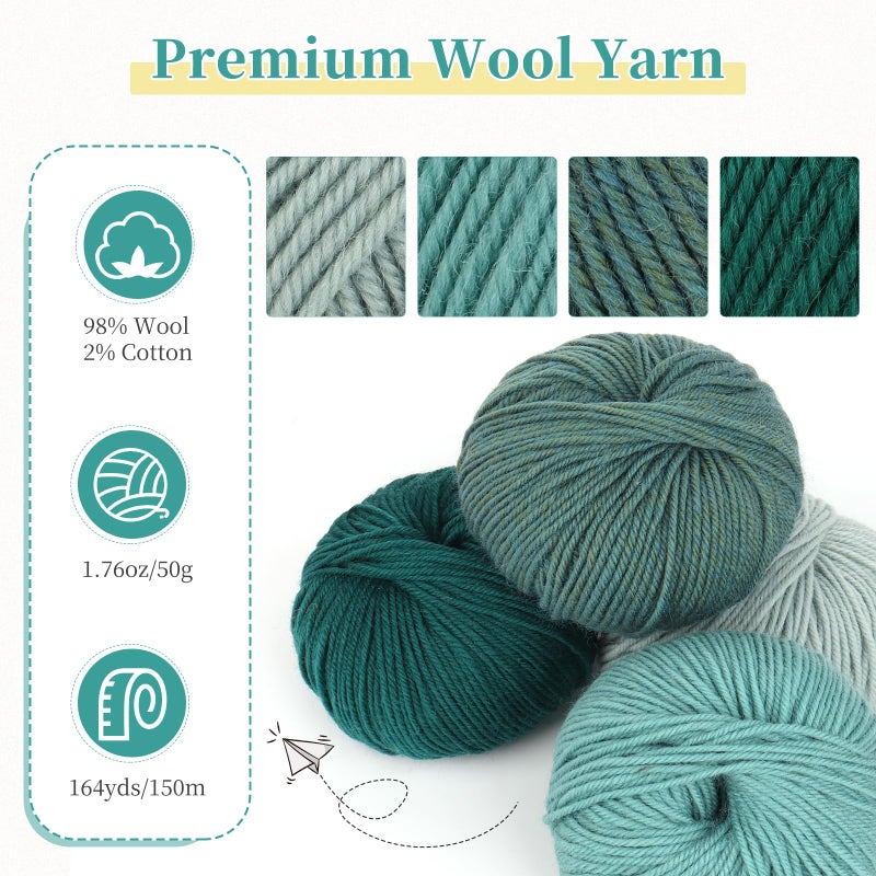 Coopay Yarn for Crocheting, 12 Premium Wool Yarns - 98% Wool 2% Cotton, 1.76oz, 164yds - Crochet Yarn for Clothes, Scarves, Blankets, Shawls (Green Family) - Image 4