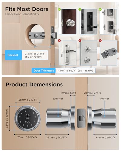 TCL K1 Smart Door Knob, Fingerprint Keyless Entry Door Lock with App Control, Passcode, Mechanical Key, Auto Lock, Easy Installation for Bedroom, Home, Office (Brushed Nickel) - Image 2